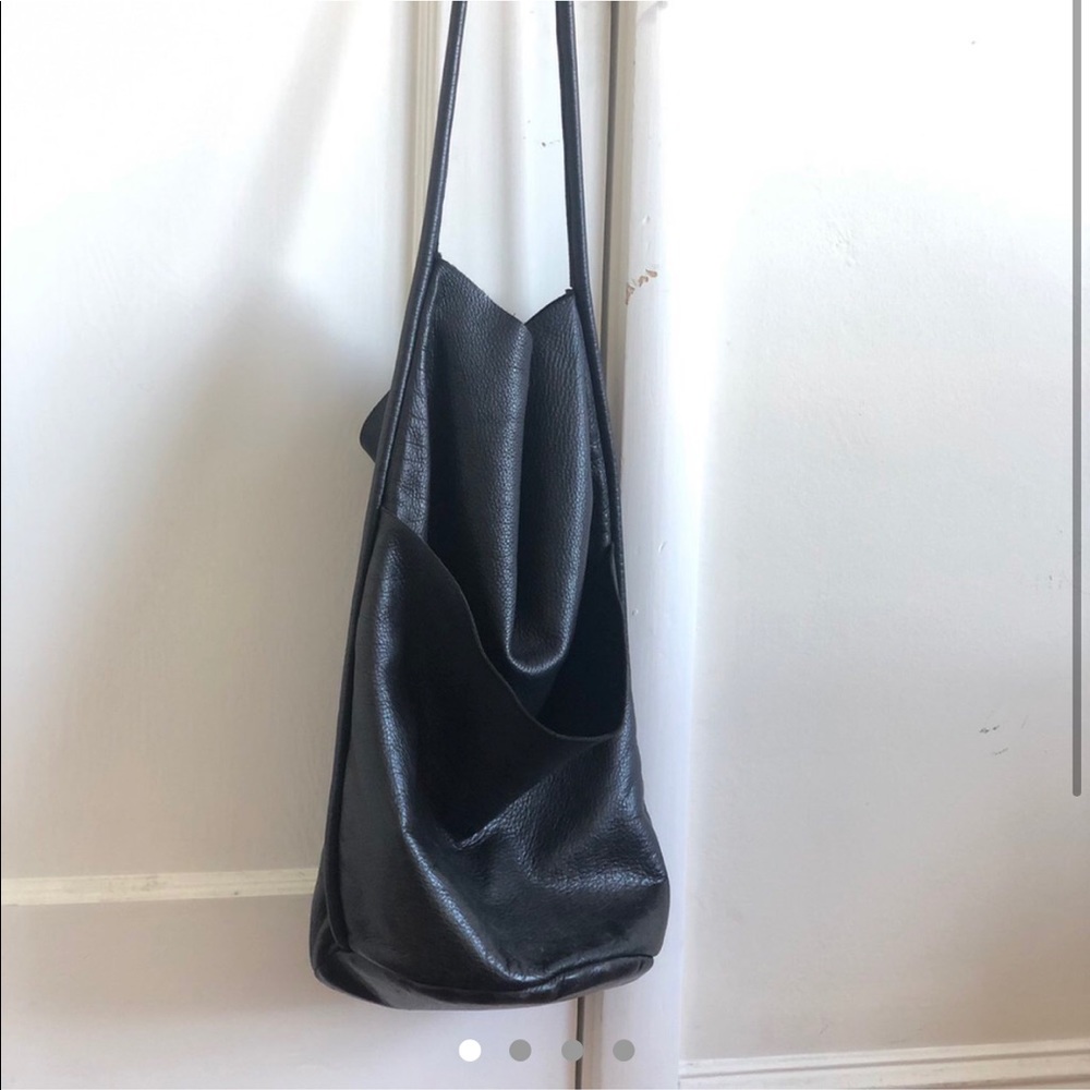 black leather bucket bag